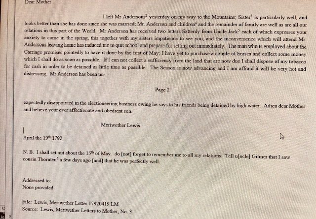 Meriwether Lewis Letter, University of Virginia Special Collections, # 17920419LM