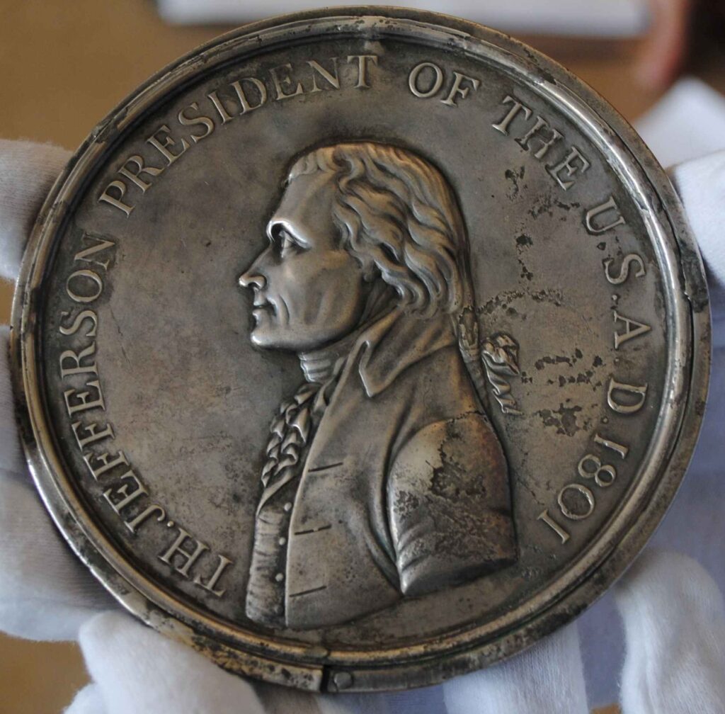 Jefferson Silver Peace Medal, 4-inch, presented to Chickasaw Chief George Colbert at the 1801 Chickasaw Bluff Treaty Signing.; 867 Charles F (picture 1 of 2)
