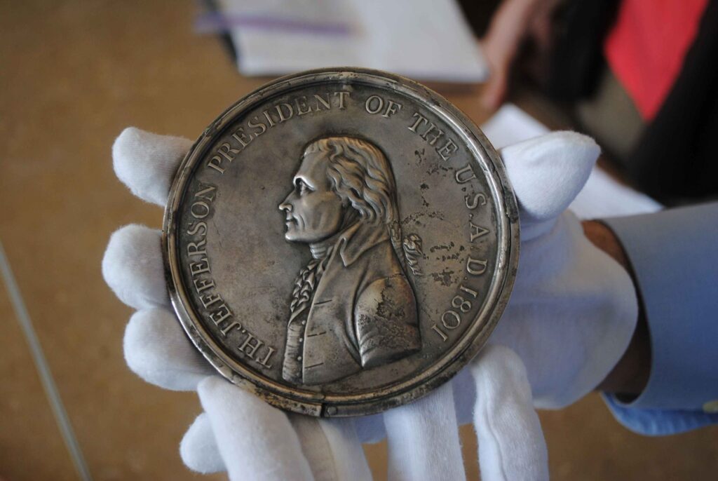 Jefferson Silver Peace Medal, 4-inch, presented to Chickasaw Chief George Colbert at the 1801 Chickasaw Bluff Treaty Signing.; 867 Charles F (picture 1 of 2)